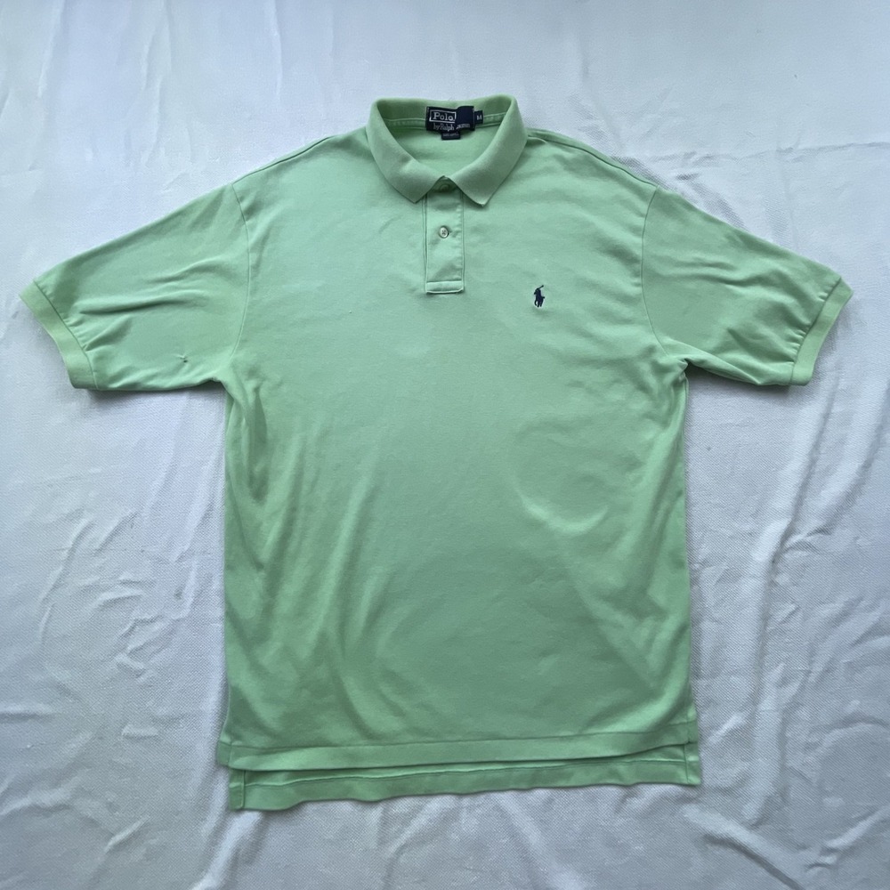 Polo Ralph‎ Lauren Shirt Mens MEDIUM Neon Green Short Sleeve Collard BLUE Pony